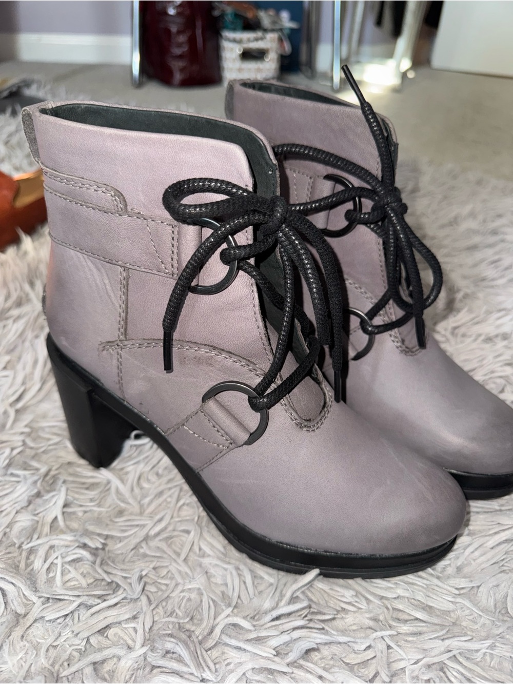 New Sorel Margo Lace Waterproof Leather Heeled Boots Quarry Gray 7.5